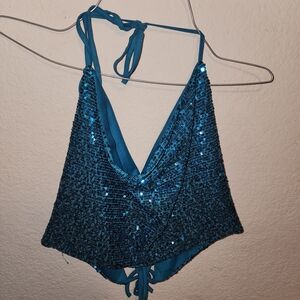 Blue Sequin Halter Top
